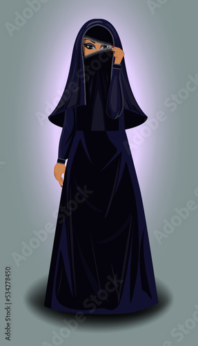 Muslim woman in burka  opens her face with a zipper, vector illustration