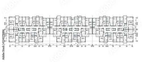 Multistory building detailed architectural technical drawing, vector blueprint floorplan layoutОсновные RGB