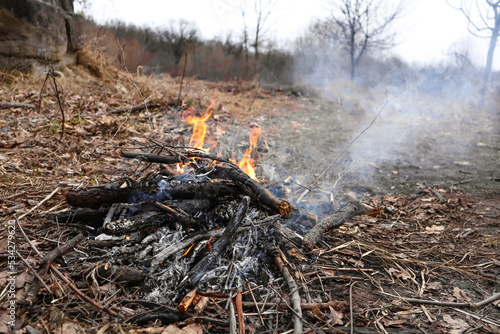Foto Close up of fire being extinguished in nature during autumn season