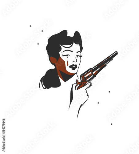 Hand drawn abstract vector graphic clipart illustration boho cowgirl holding the gun.Western female design concept.Bohemian wild west contemporary art.Cowboy girl modern drawing.American cowgirl logo.