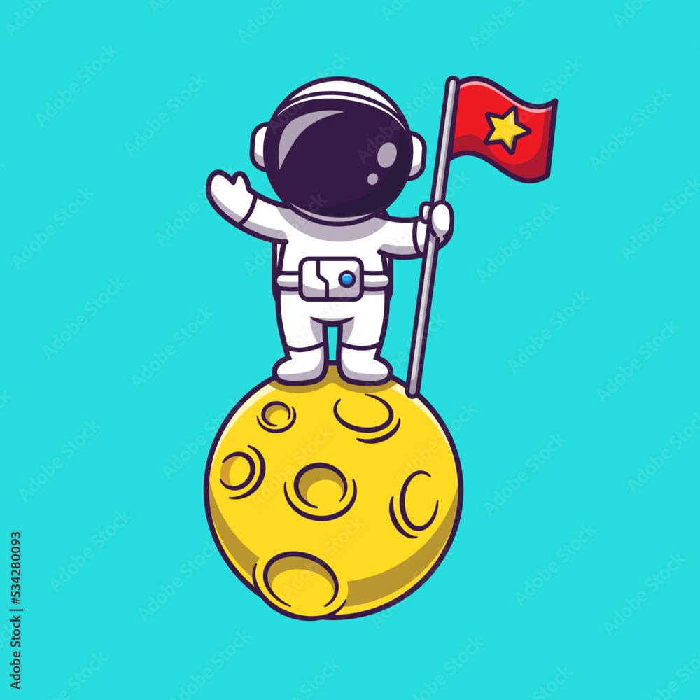 Astronaut Holding Flag On Moon Cartoon Vector Icon Illustration. Space ...