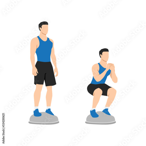 Man doing bosu ball squat exercise. Flat vector illustration isolated on white background