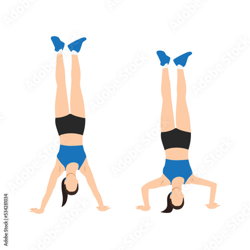 Woman doing handstand push up exercise. Flat vector illustration isolated on white background
