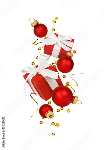 Two gift boxes and Christmas decorations in a festive composition isolated on white. Levitation. Concept of holiday shopping. photo