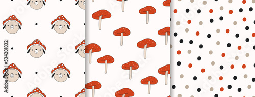 Set of vector seamless patterns with doggy in fly agaric hat, polka dots and fly agaric mushrooms.