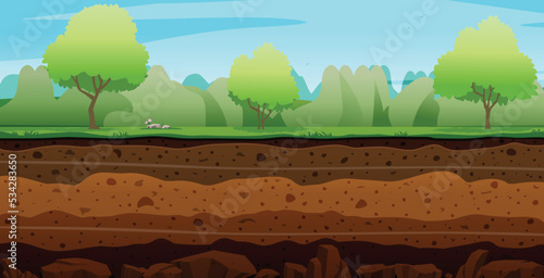 The level soil layer is covered with grass and trees.