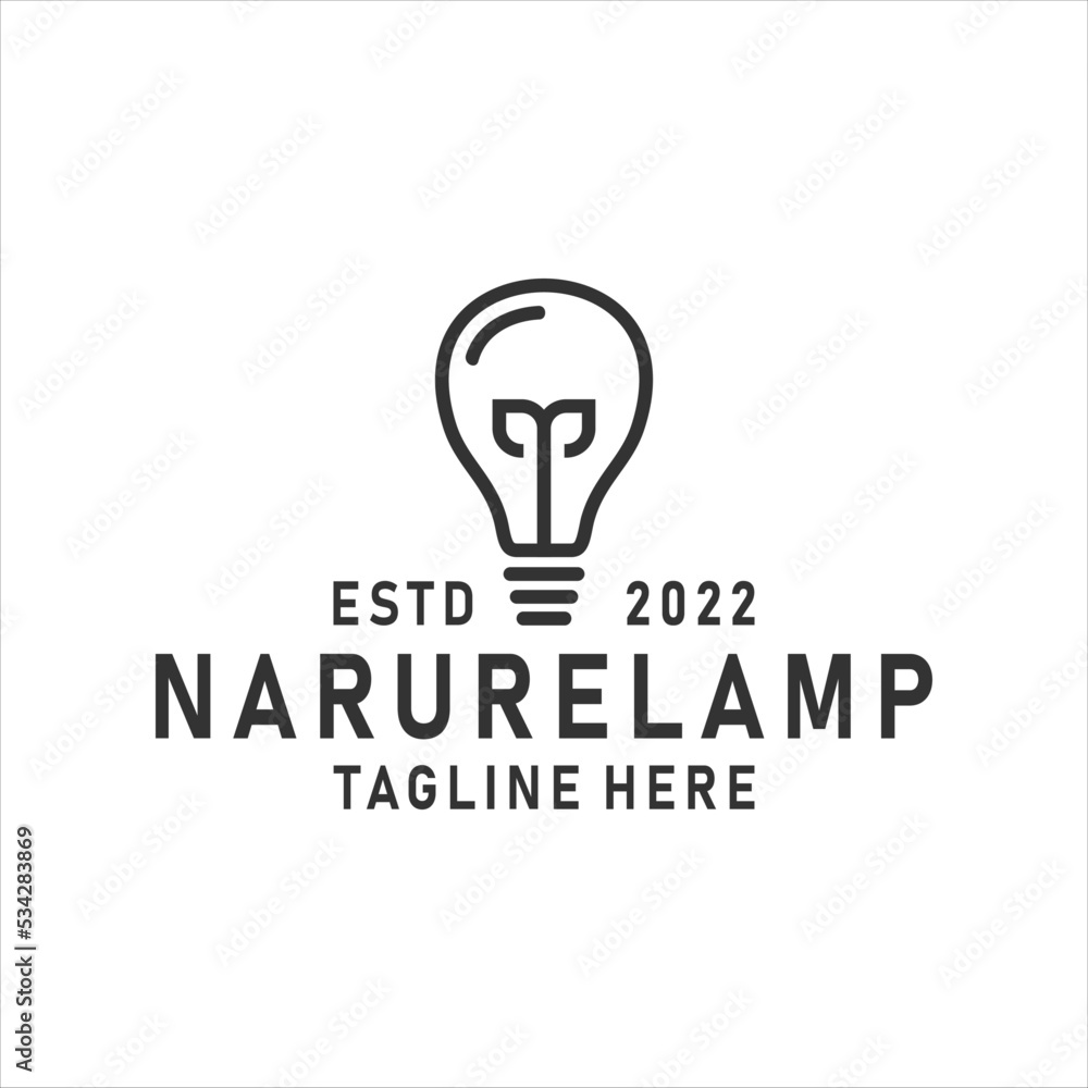 Nature Bulb logo design vintage with line art style. Bulb with Leaf logo design concept.
