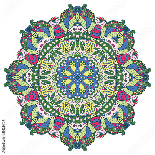 Mandala. Tracery wheel image. Mehndi design. Ethnic doodle art. Curved doodling picture. Vector