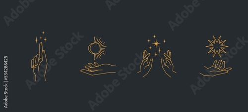 Aesthetic hands and cosmic and celestial elements. Universal cosmos related icons. Linear vector illustrations. Magic and Witchcraft symbology.