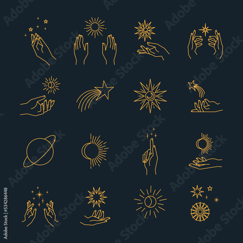 Aesthetic hands and cosmic and celestial elements. Universal cosmos related icons. Linear vector illustrations. Magic and Witchcraft symbology.
