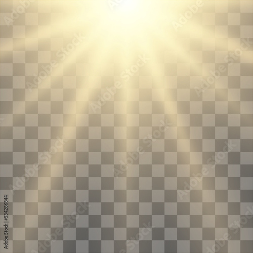 Bright rays of light and sun, spotlights, lighting on a transparent background