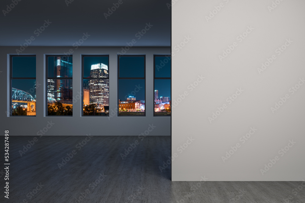 Fototapeta premium Downtown Nashville City Skyline Buildings from High Rise Window. Beautiful Expensive Real Estate overlooking. Empty room Interior. Mockup wall. Skyscrapers Cityscape. Night. Tennessee. 3d rendering.
