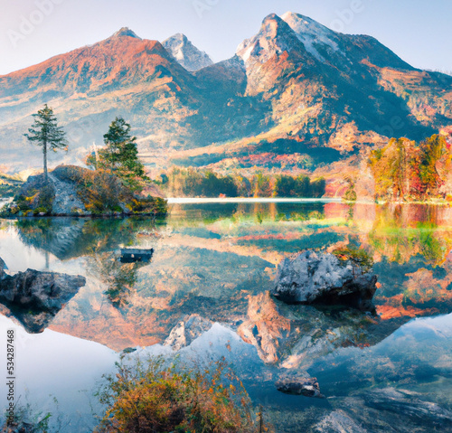 Beautiful autumn scene of Hintersee lake. Colorful morning view of Bavarian Alps on the Austrian border, Germany, Europe. Beauty of nature concept 