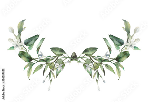 Watercolor floral banner  greenery branches decorative element.