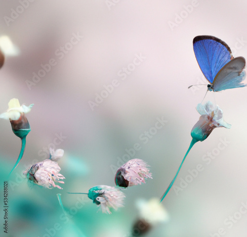 Beautiful wild flowers chamomile, purple wild peas, butterfly in morning haze in nature close-up macro. Landscape wide format, copy space, cool blue