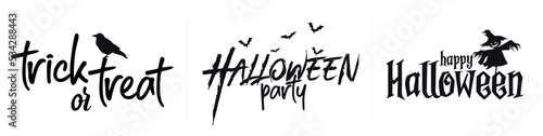 Happy Halloween party titles set of logo isolated on white background for October event, flying black bats, scarecrow. Halloween Trick or treat. Vector Illustration. Solid black icons.
