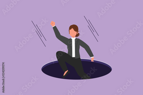 Character flat drawing businesswoman fell into manhole underground sewer. Manager fell sewer hatch. Depressed and business failure concept. Defeated worker metaphor. Cartoon design vector illustration