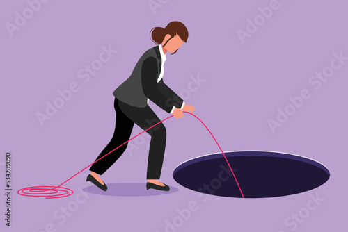 Character flat drawing businesswoman stretch out rope into hole. Woman wondering and looking at big hole, business concept in opportunity, exploration or challenge. Cartoon design vector illustration