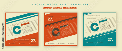 Set of social media post template in vintage background with line art of old video cassette design