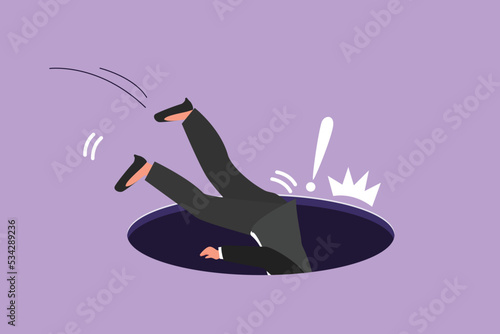 Character flat drawing of businesswoman falling into pit hole. Legs up. Logo protruding legs from hatch, puddles. Business failure metaphor. Defeated worker concept. Cartoon design vector illustration
