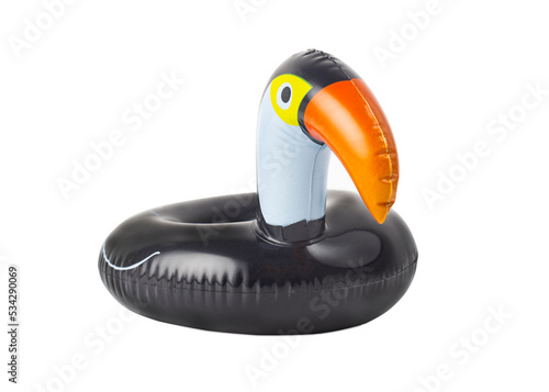 Inflatable toucan cup holder isolated on a white background. Front view. Swimming pool cup holder.