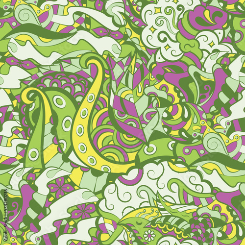 Tracery seamless pattern. Mehndi design. 6 colors. Ethnic doodle texture. Curved doodling background. Vector