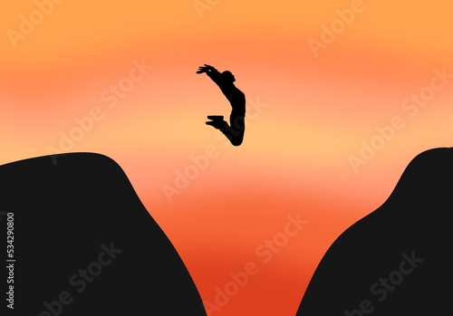 Man jumping through the gap between hills. Man jumping over cliff. Taking risk and hit the target concept with empty blank copy space area for business career life advertising or ad texts.