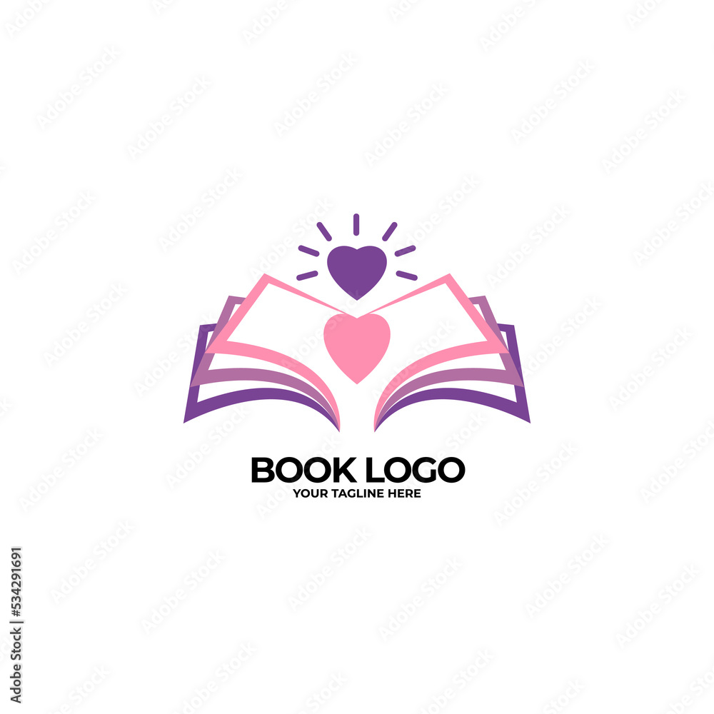 Logo book design template with Book open and love vector illustration