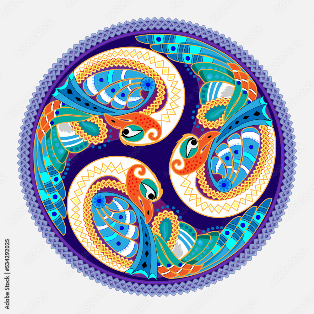 Ancient Celtic symbol. Triple trickle spiral ornament with magic birds