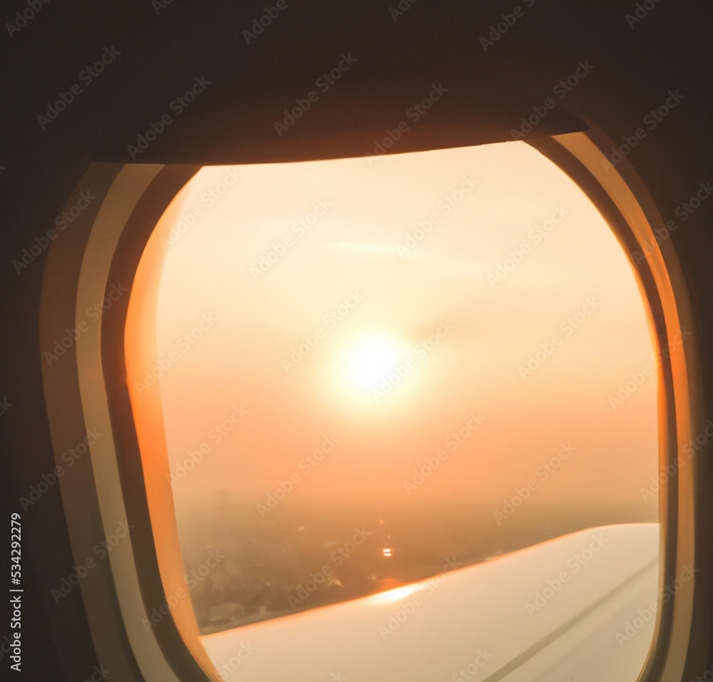 Beautiful scenic city view of sunset through the aircraft window. Image save-path for window of airplane Beautiful scenic city view of sunset through the aircraft window. Image save-path for window of airplane