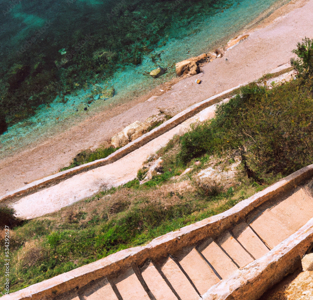 Staircase leading down to a mediterranean beach