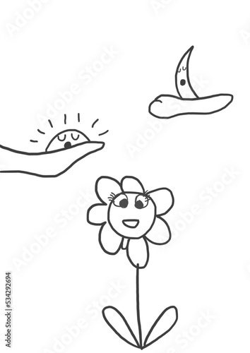 Dibujo infantil de una flor, un sol y una luna