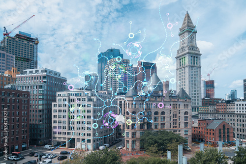 Financial downtown city view panorama of Boston from Harbor area at day time  Massachusetts. Hologram of Artificial Intelligence concept. AI and business  machine learning  neural network  robotics