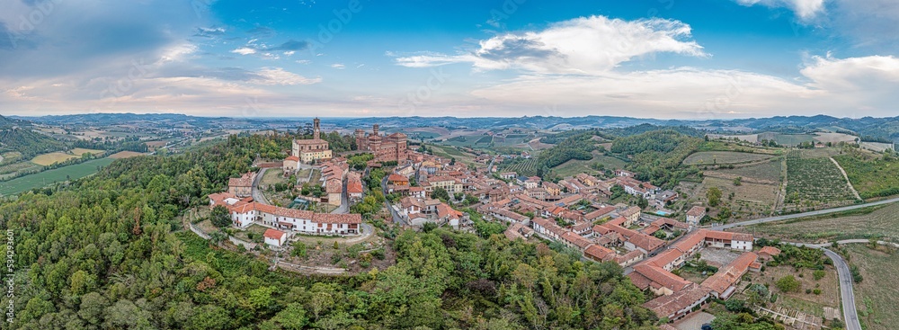 Panoramic drone picture of Castello Cereseto in Piedmont in the evening