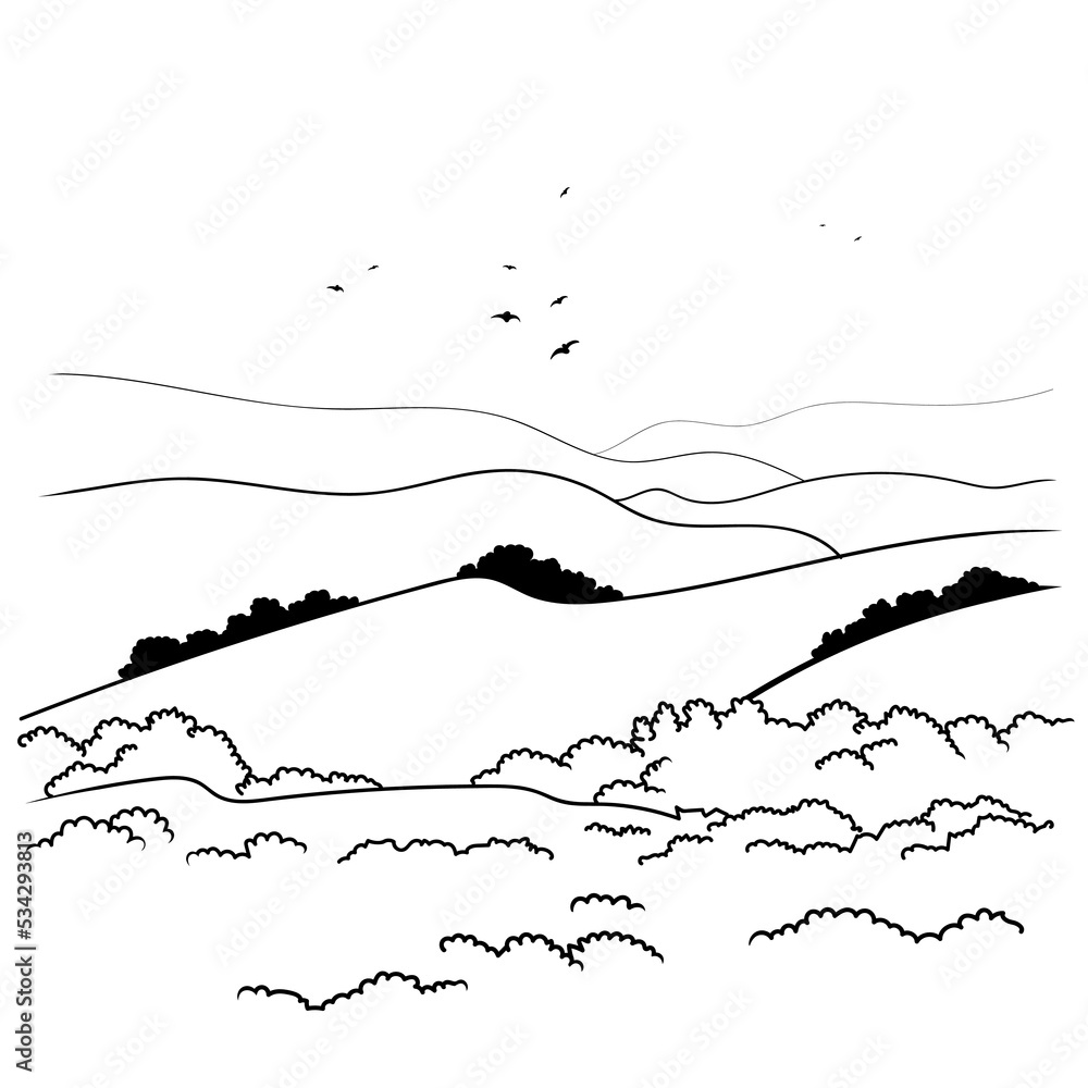 vector illustration linear landscape on white background. landscape in minimalist sketch style