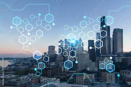 Seattle aerial skyline panorama of downtown skyscrapers at sunset, Washington USA. Decentralized economy. Blockchain, cryptography and cryptocurrency concept, hologram