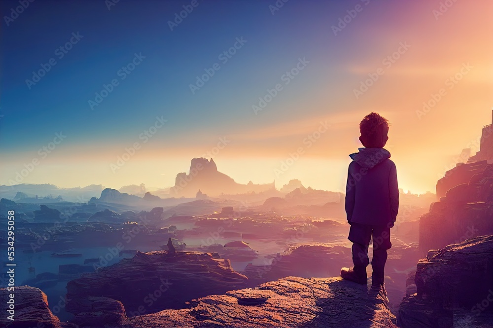 Lonely child at the edge of a cliff