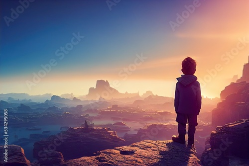 Lonely child at the edge of a cliff