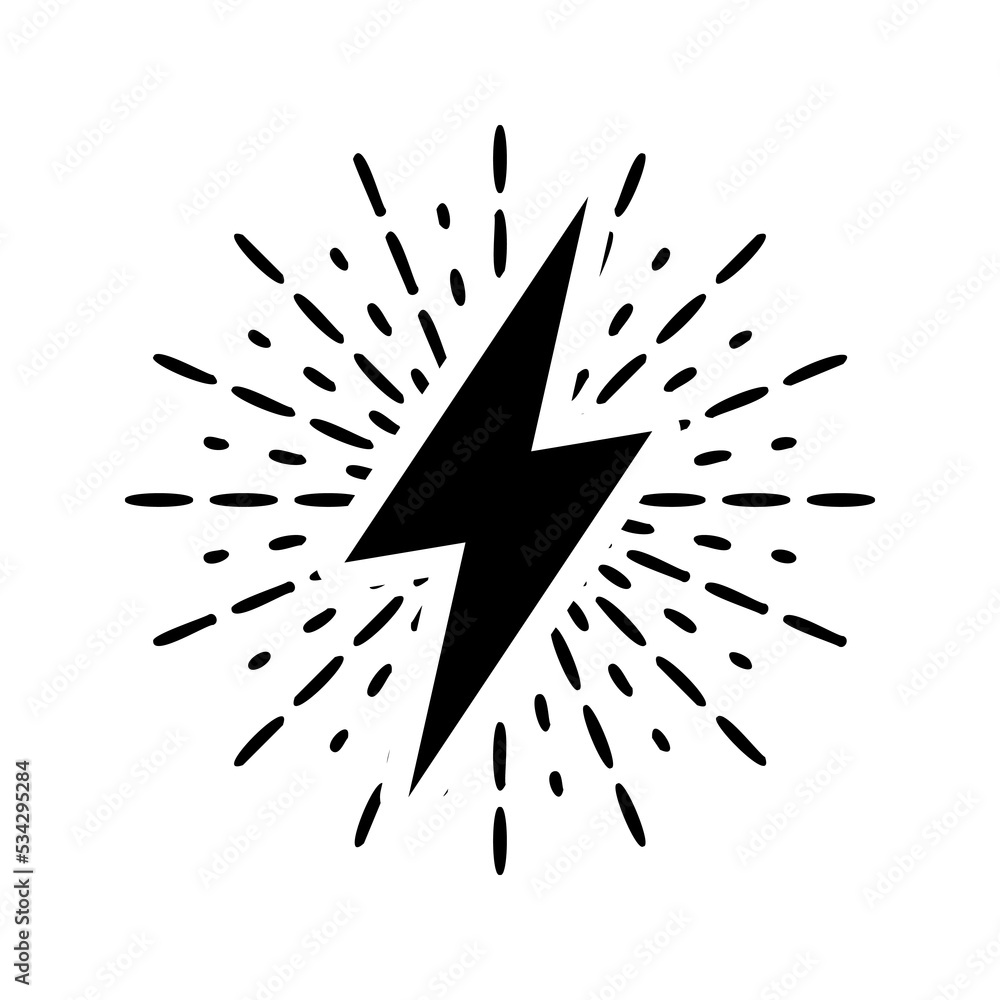 Vintage lightning bolt and sun rays isolated on white background