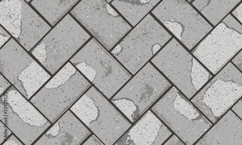 Pavement with textured cracked old herringbone seamless pattern. Vector pathway texture top view. Outdoor concrete slab sidewalk. Cobblestone footpath or patio. Concrete block floor
