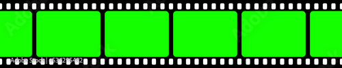 Realistic blank film strip, camera roll. Old retro cinema movie strip with green chroma key background. Analog video recording and photography. Visual effects compositing. Vector illustration