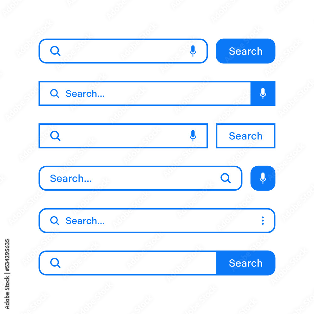 Various search bars with outline border. Internet browser engine with search box, address bar and text field. UI design, website interface element, web icons and push button. Vector illustration Various search bars with outline border. Internet browser engine with search box, address bar and text field. UI design, website interface element, web icons and push button. Vector illustration