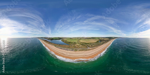 A 360 degree aerial view of the magnificent beach at Slapton Sands in Devon, UK photo