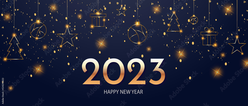 Happy new 2023 year background with golden elements. Holiday winter greeting banner
