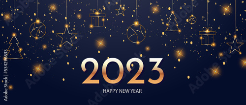Happy new 2023 year background with golden elements. Holiday winter greeting banner