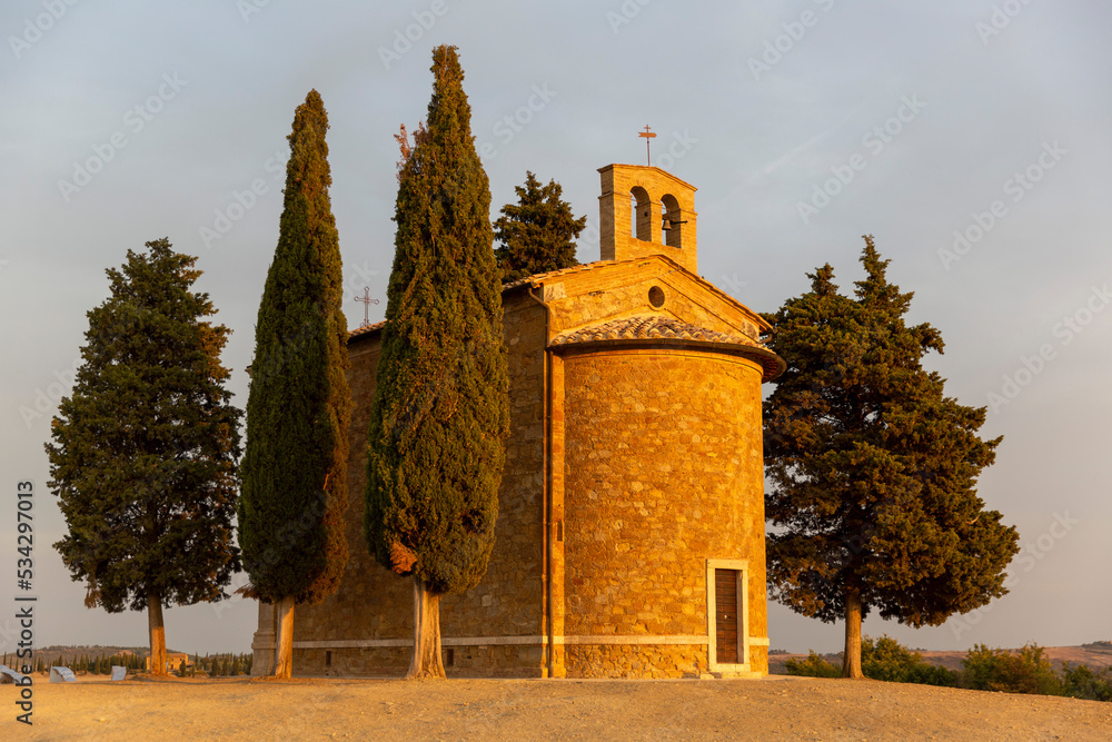 The beautiful tuscan Chapel of the Madonna di Vitaleta at sunrise