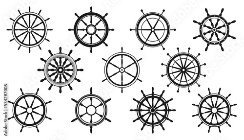 Collection of vintage steering wheels. Ship, yacht retro wheel symbol. Nautical rudder icon. Marine design element. Vector illustration