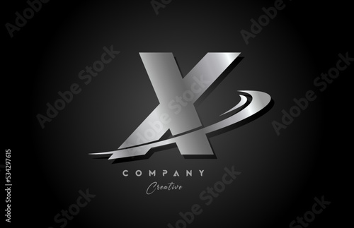 X silver metal grey alphabet letter logo icon design with swoosh. Creative template for company and business