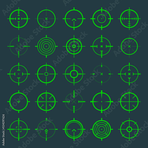 Crosshair, gun sight vector icons. Bullseye, green target or aim symbol. Military rifle scope, shooting mark sign. Targeting, aiming for a shot. Archery, hunting and sports shooting. Game UI element.