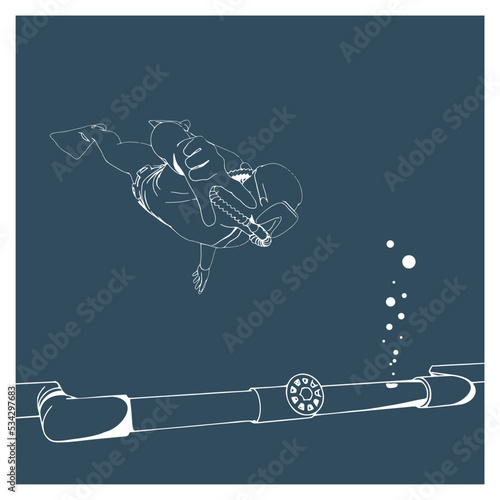 Gas leak. Breakdown pipelines. Danger concept. Silhouette of scuba diver